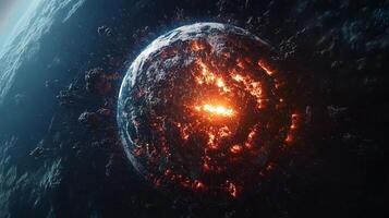 A dramatic, photorealistic depiction of a planet undergoing a cataclysmic event, with fiery lava visible through cracks on the surface. photo