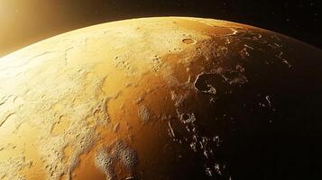 A mesmerizing aerial view of a barren, cratered planet surface with a tan hue, illuminated by a distant light source casting dramatic shadows. photo