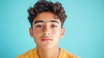 Portrait of a young person, with brown curly hair against a solid turquoise backdrop, creating a clean and modern aesthetic. photo