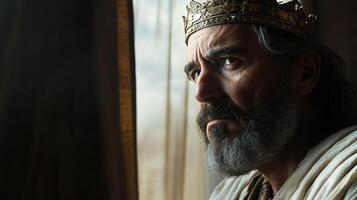 A contemplative king with a crown gazes thoughtfully out a window, his expression revealing a mix of wisdom and worry. photo