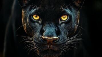 Close-up of a black panther's face, showcasing its piercing golden eyes and sleek fur. The panther's intense gaze captivates the viewer. photo