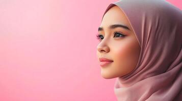 Portrait of a woman wearing a pink headscarf against a pink background, looking off to the side with soft lighting. Serene and fashionable. photo