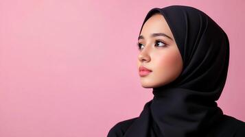 A serene portrait of a woman adorned in a black hijab, her gaze directed towards the distance, set against a soft pink backdrop. photo