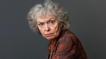 An elderly woman with gray hair stares intensely with a furrowed brow, projecting a stern and questioning expression against a gray backdrop. photo