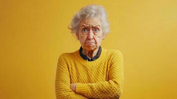 Annoyed woman with crossed arms, expressive face and wrinkled brow against a golden backdrop in vibrant sweater exhibiting visible frustration. photo