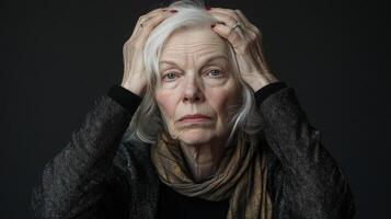 Mature woman with hands on head against a dark background. She looks somber and concerned while facing forward, looking straight at the camera. photo