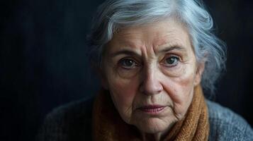 Portrait of an elderly woman with gray hair, wearing a cozy scarf, conveys wisdom and quiet strength in a simple, stark composition. photo
