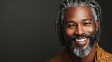 A handsome man smiles warmly with gentle eyes and a salt and pepper beard. He has dreadlocks with grey strands throughout. photo