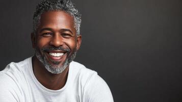 Smiling mature man with gray hair and beard against a gray background. He wears a plain white t-shirt and is looking directly at the viewer. photo