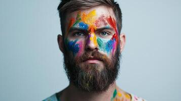 Bearded man with vibrant face paint. A colorful explosion of self-expression on a clean background shows individuality. Focus on the emotion. photo