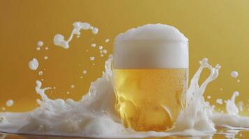 Beer glass with overflowing foam against a yellow backdrop showcases a refreshing moment. The splash creates a dynamic, lively feel. photo
