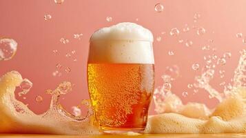Refreshing golden beverage in glass with frothy top and bubbly background, evoking a sense of celebration and thirst-quenching enjoyment. photo