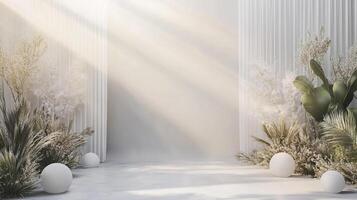 Elegant studio setup bathed in soft light, featuring botanical decorations and subtle textures, creating a serene and inviting atmosphere. photo