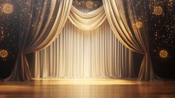 Golden drapes with a wooden stage floor illuminated by bright lights. A classic scene ready for a theatrical performance or event. photo