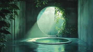 Sunlit circular pool room with trailing vines offers a peaceful escape into nature, blending organic elements with simple architectural design. photo