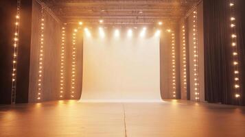 An empty stage is illuminated with bright spotlights and lines of decorative lights. The stage backdrop is bright white, awaiting its purpose. photo