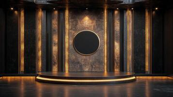A sophisticated stage with sleek dark textures and striking gold accents, creating a luxe and modern presentation space. photo