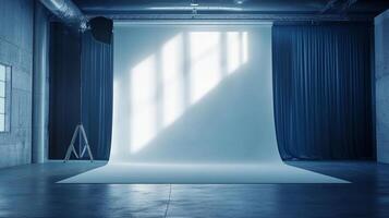 Studio setup with white backdrop and dark curtains, bathed in window light, creating a serene and minimalist photography space. photo