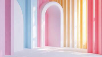 Pastel minimalist arches in a clean space, light filtering through the pillars, creating soft shadows, and airy feel, perfect backdrop. photo