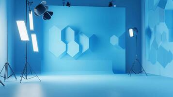 Studio space with a light blue backdrop and various lighting equipment, including softboxes and spotlights, ready for a photoshoot or shoot. photo