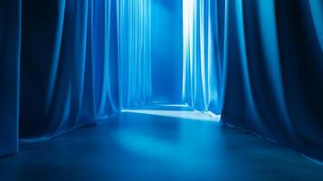 A serene tunnel of flowing blue curtains, bathed in ethereal light, inviting exploration and contemplation. Soft textures enhance the depth. photo