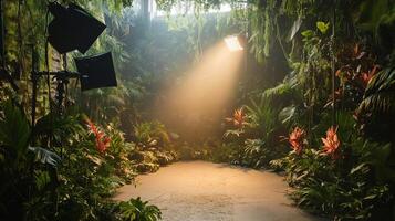 Illuminated jungle stage, lush greenery with spotlight creating a dramatic effect. Perfect for a performance or film shoot. photo