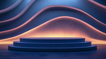 Minimalist stage with wavy illuminated background for product display or presentation, adding visual interest and focus to central items. photo