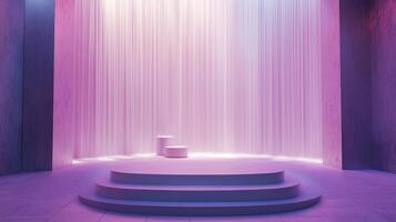 Minimalist stage with soft lighting and geometric shapes creates an inviting and ethereal atmosphere for product display or presentations. photo