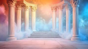 Classical architecture evokes a sense of timeless grandeur. Its pillars, steps, and swirling cloud create a dreamy atmosphere. photo