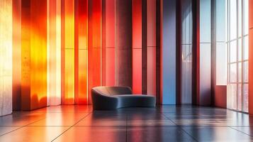 Modern interior with a sleek chaise lounge in a light-filled room with color gradient walls, creating a serene and stylish atmosphere. photo