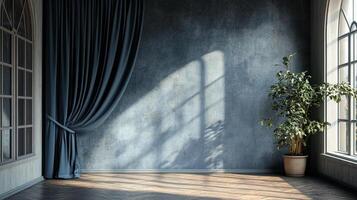 Sunlit interior with blue textured wall, draped curtains, and potted plant creating a serene and elegant ambiance in a classic setting. photo