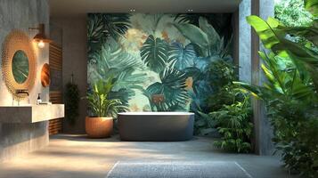 Lush bathroom featuring a tropical mural, freestanding tub, concrete accents, and rattan mirror for a serene and natural experience. photo