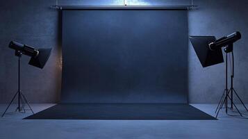 Photography studio setup with lighting, backdrop, and concrete floor creates a professional setting for portraits and other creative photography. photo