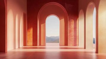 Architectural corridor in warm hues features symmetrical arches, leading to a landscape view, emphasizing depth and a sense of openness. photo