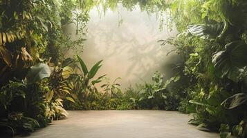 Lush greenery frames an inviting space, a serene backdrop blending nature's tranquility with understated elegance and neutral light. photo