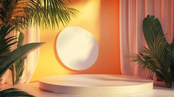 Tropical theme setup with platform and hanging circle. Great stage for a photo op, product display, or themed presentation.