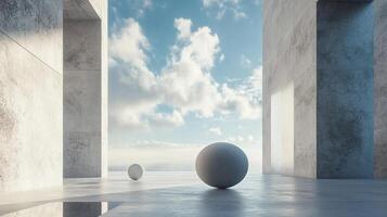 Minimalist architectural scene with concrete structures and spherical objects under a bright, cloud-filled sky. Serene atmosphere. photo