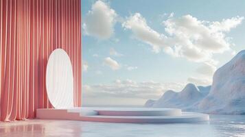 Minimalist podium in tranquil landscape setting with curtain backdrop, oval centerpiece, and serene cloudy sky. Ideal for product display. photo