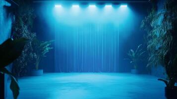 An enchanting stage setting bathed in ethereal blue light, adorned with lush greenery and a captivating curtain backdrop. photo