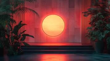 Surreal indoor scene with red lighting, tropical plants, and a circular window or portal displaying a serene sunset landscape. photo