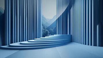 A calming blue scene unfolds with a tiered platform leading to a backdrop of misty mountains, framed by pillars in this serene landscape. photo