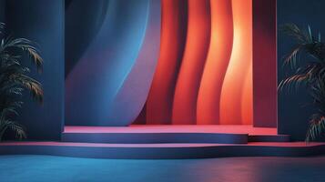 A modern indoor stage with an artistic backdrop, plants and vibrant color transitions. Striking curves and architectural elements stand out. photo