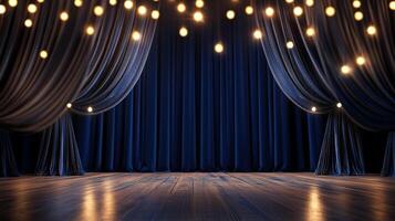 Elegantly draped blue curtains frame a polished wood stage beneath a warm canopy of twinkling lights, setting a scene for performance. photo