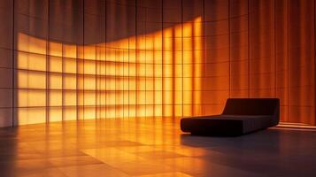 Sleek lounge in a sunlit room with minimalist design, reflecting golden light across tiled walls and floor, creating a warm, serene ambience. photo