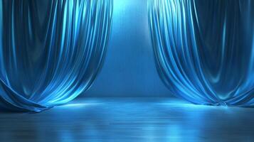Elegant blue curtains open to reveal a clean stage, illuminated with gentle light, creating a sophisticated and inviting atmosphere. photo