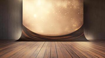 Elegant backdrop with shimmering gold and wood floor, perfect for product displays or upscale photo shoots. Minimalist and stylish.