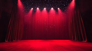 A stage washed in vibrant red light, framed by elegant red curtains. Awaiting a performance, the scene is set for drama and spectacle. photo