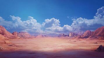 Vast desert landscape under a bright blue sky filled with fluffy white clouds, creating a sense of open space and natural beauty. photo