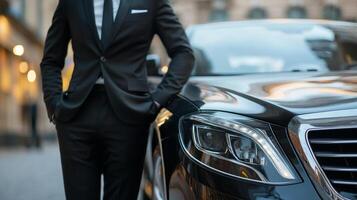 A man in a black suit stands next to a black car. The suit and vehicle exude sophistication and style. photo