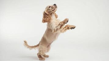 A golden-colored dog is standing on its hind legs, looking up. The dog's fur is smooth and shiny, and its tail is wagging. photo